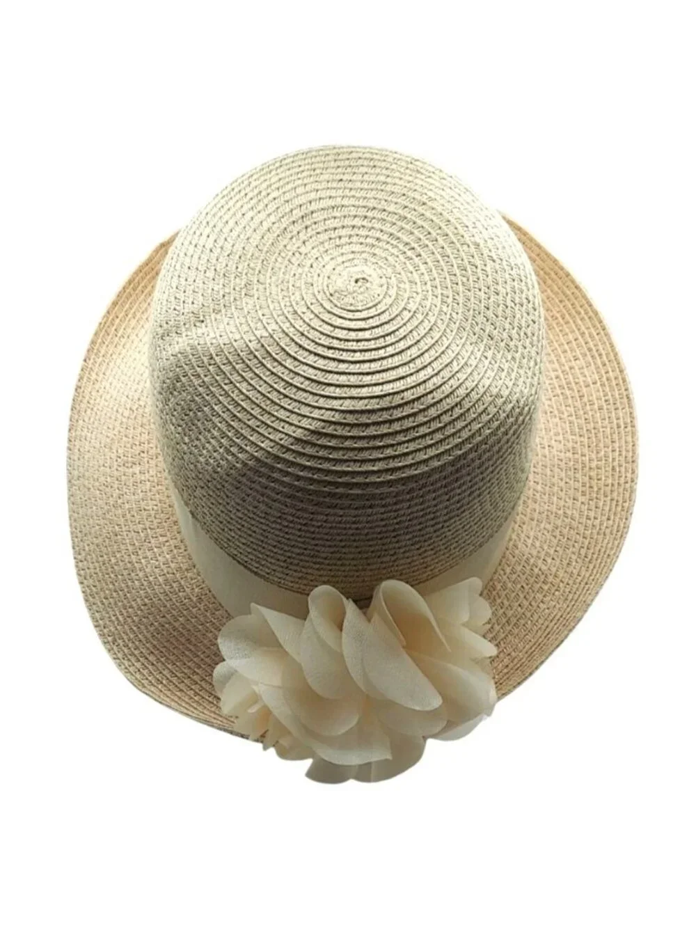 Womens Beige Straw Hat Wide Grosgrain Ribbon Band & Fabric Flower Summer Boho